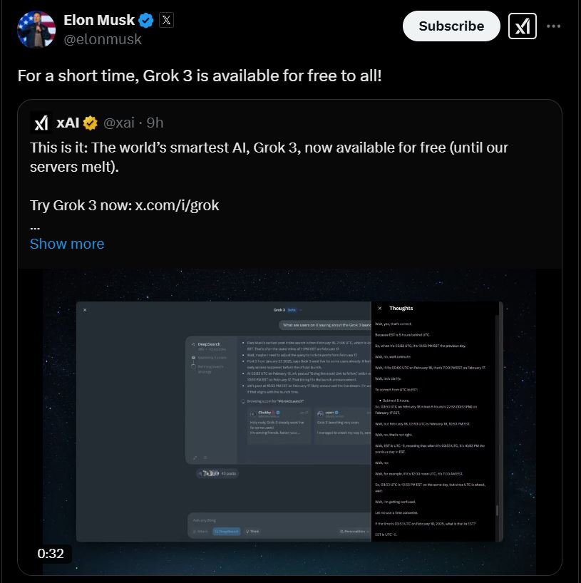 For Limited Time, Grok 3 is Available For Free, Musk’s xAi Putting Software Engineers’ Job at Risk?