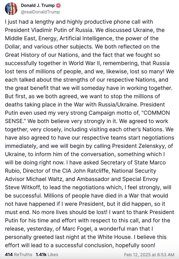 Trump Call Putin and Zelensky for long conversation- Putin and Trump agree to negotiate on Ukraine